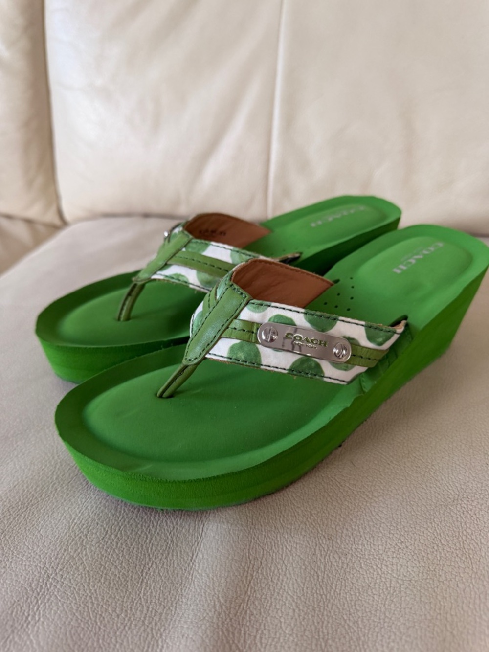 Coach Green Polka Dot Wedge Sandals, size 6-6,5